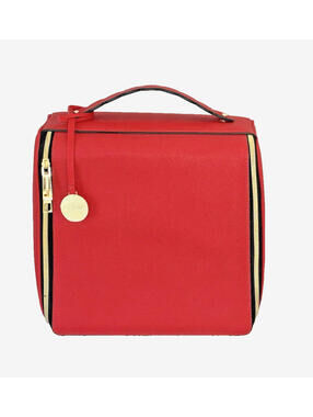 Estee Lauder Red Faux Leather Makeup Cosmetic Train Case Handle Medallion EUC